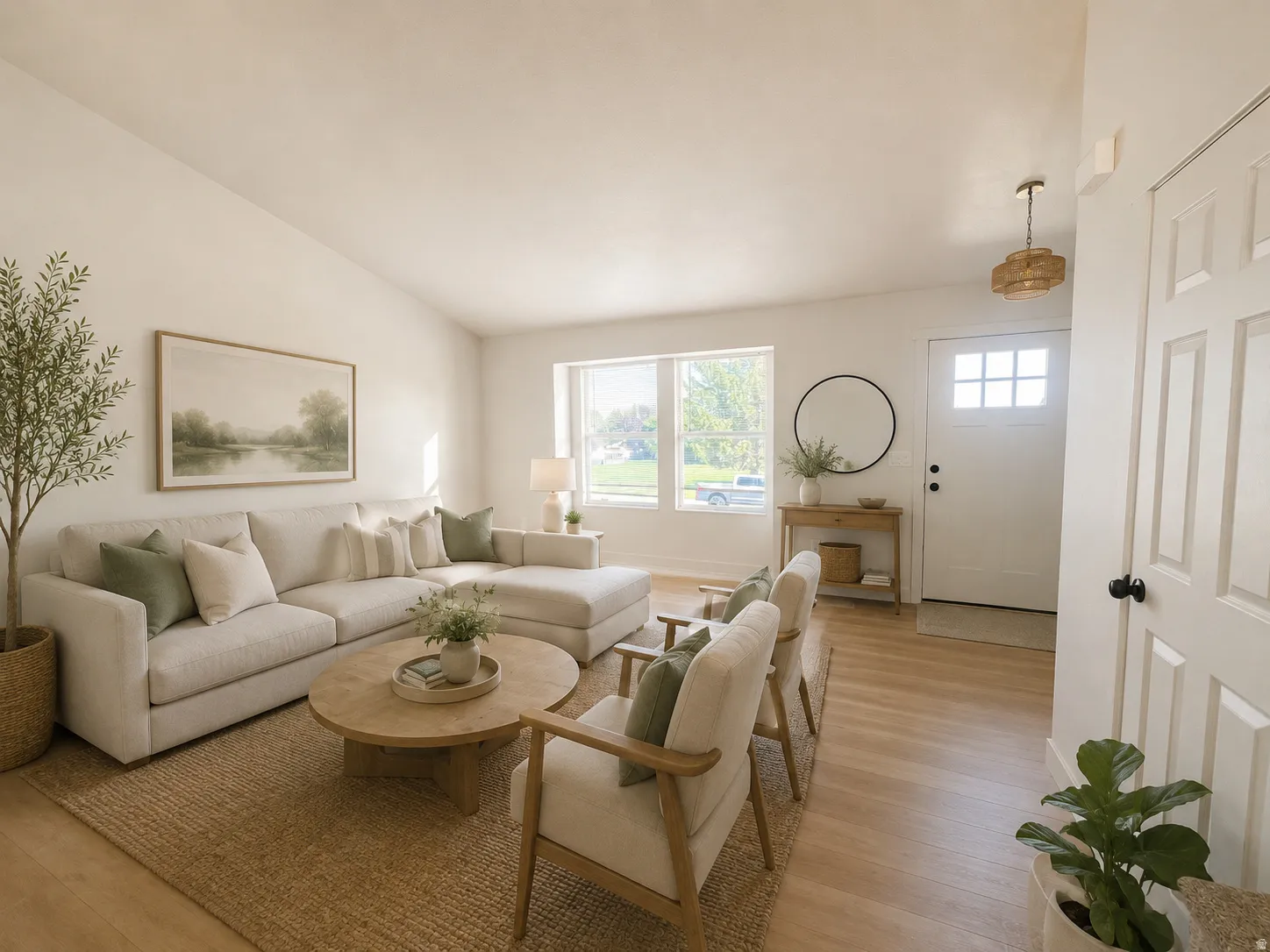 Vaulted ceiling living area featuring light wood-finish flooring, large windows, and a frosted glass panel entry door with a multi-pane window--virtually staged