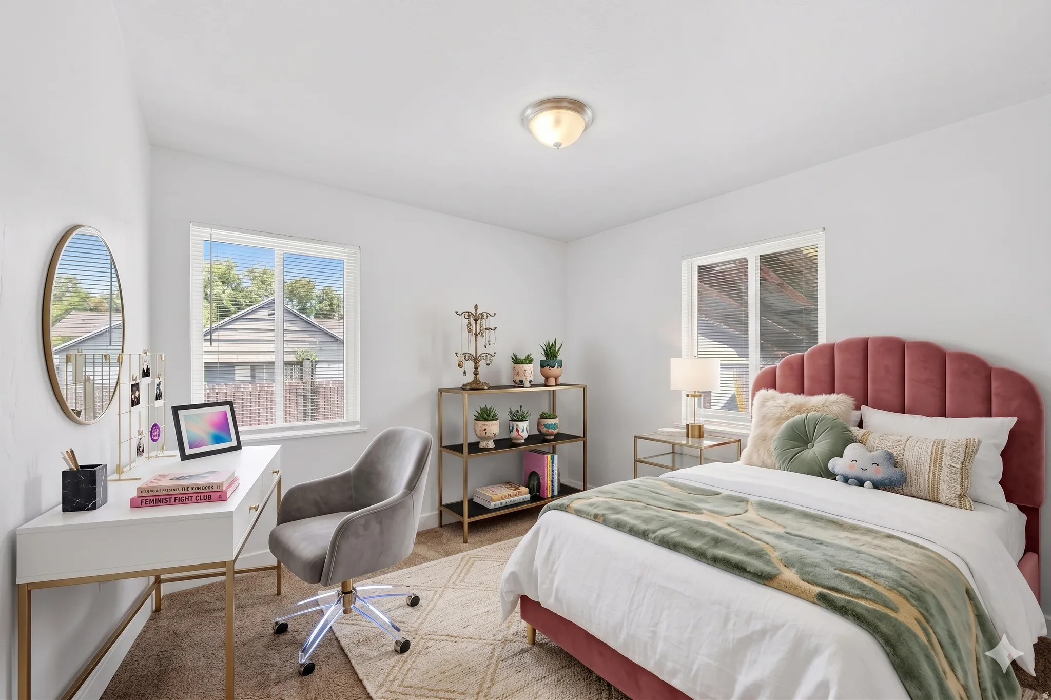Bright interior space featuring a window, light-colored walls, and a ceiling-mounted light fixture
