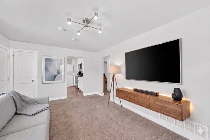 Living area with neutral carpeting, white walls, and a modern ceiling light fixture