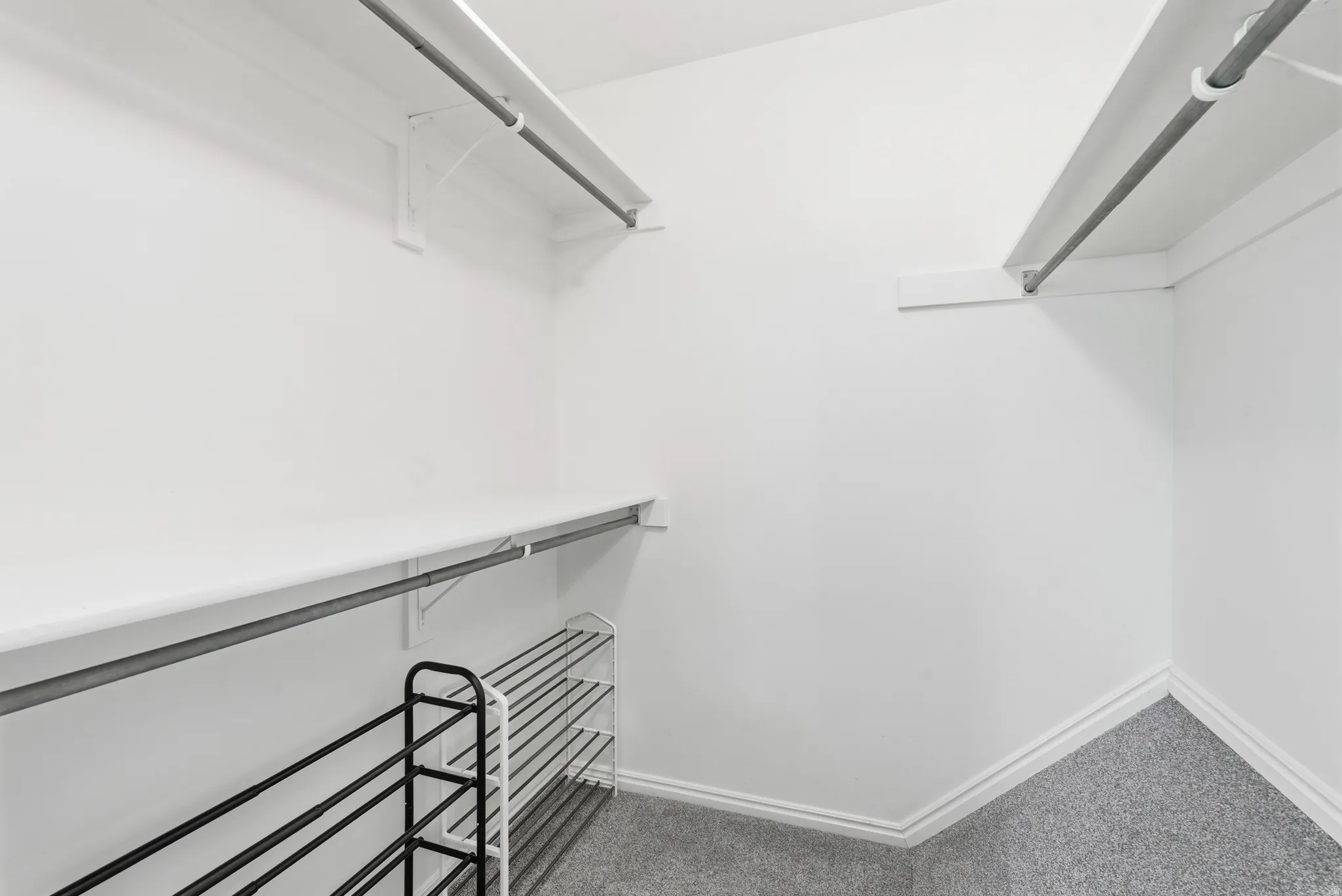 Spacious walk-in closet featuring white walls, white trim, and gray carpet flooring