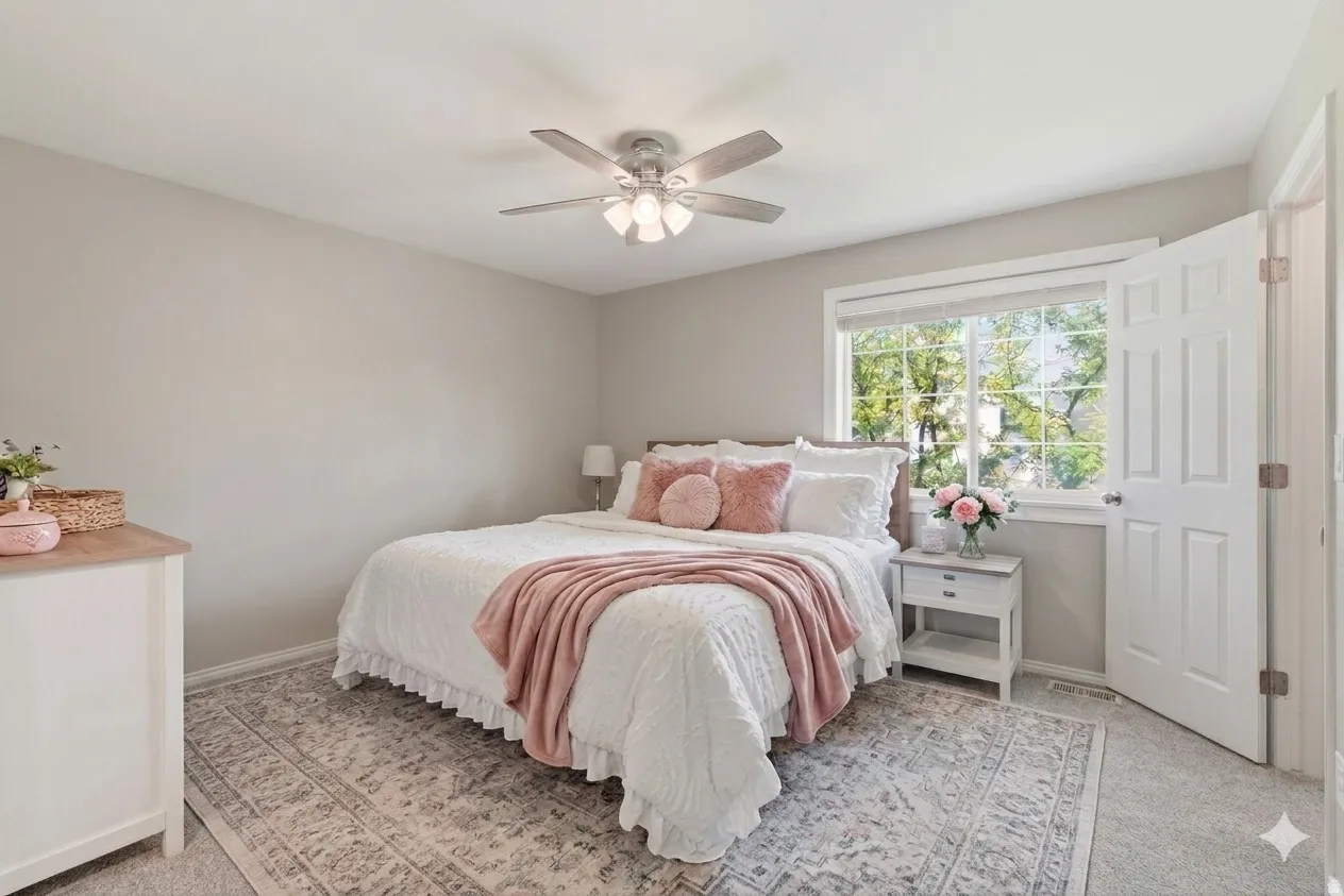Bedroom featuring light gray wall paint, a ceiling fan with integrated lighting, a large window with white trim, and light-colored carpeting
