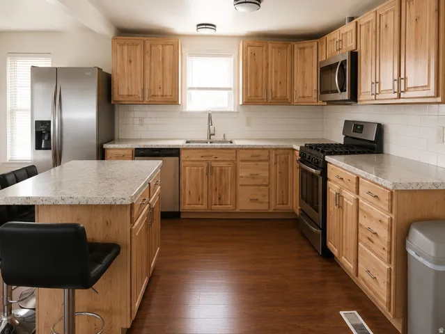 Kitchen featuring wood-finish cabinetry, light-toned countertops, a white subway tile backsplash, stainless steel appliances, and a central island