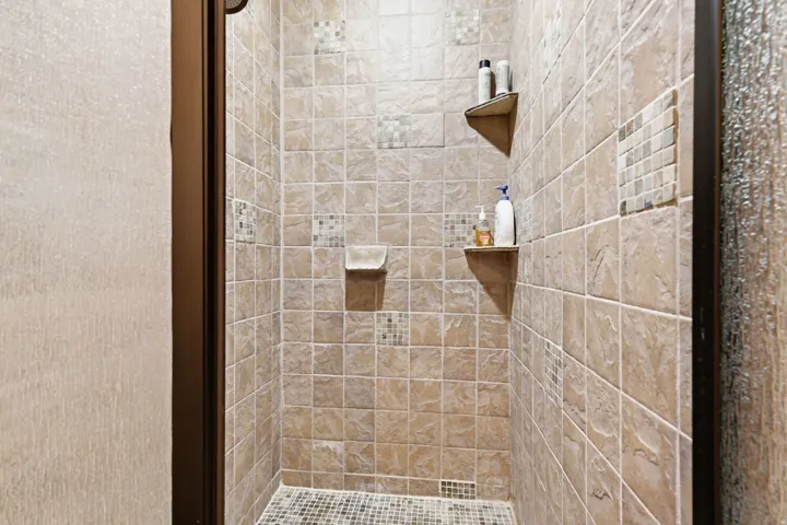 Tiled shower enclosure featuring light-toned square wall tiles, mosaic accent tiles, and a mosaic tile floor