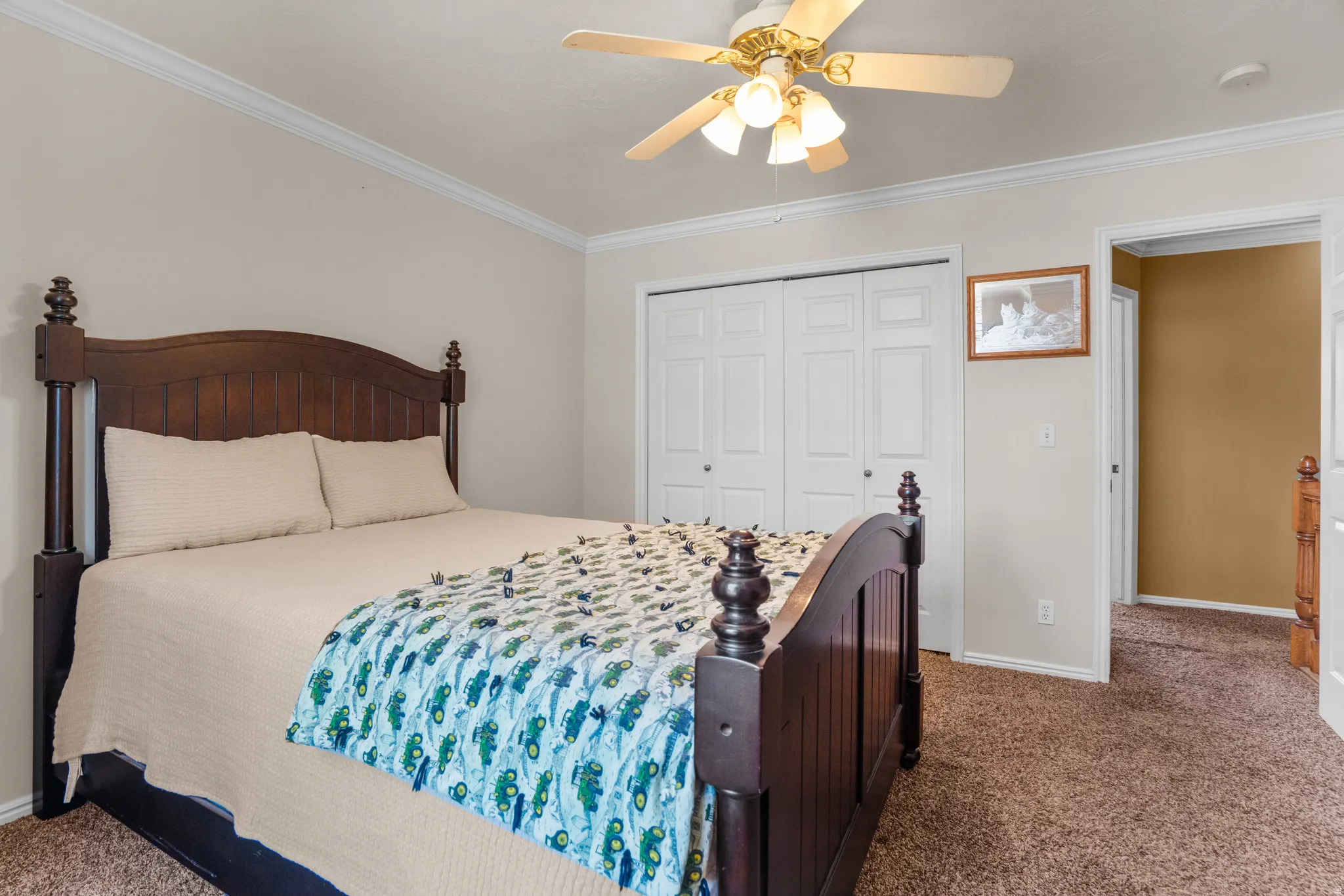 Carpeted bedroom featuring crown molding, a ceiling fan with light fixture, and white bi-fold closet doors