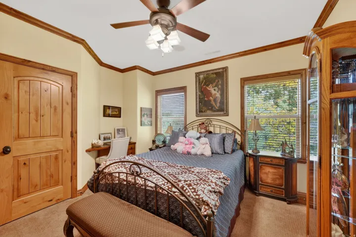 Spacious room featuring wood-finish trim and doors, two windows with blinds, and a ceiling fan with integrated lighting