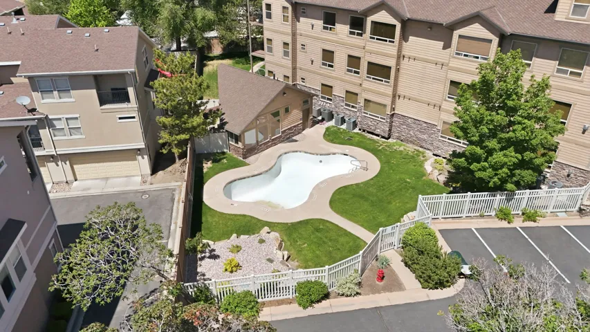 Freestyle swimming pool with surrounding concrete deck, situated within a fenced grassy area featuring landscaping elements