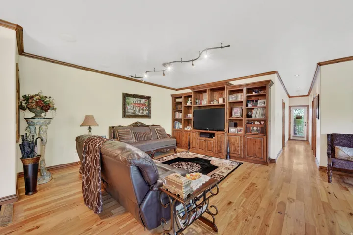 Living area featuring wood-finish flooring, crown molding, a built-in entertainment center with integrated shelving, and recessed lighting