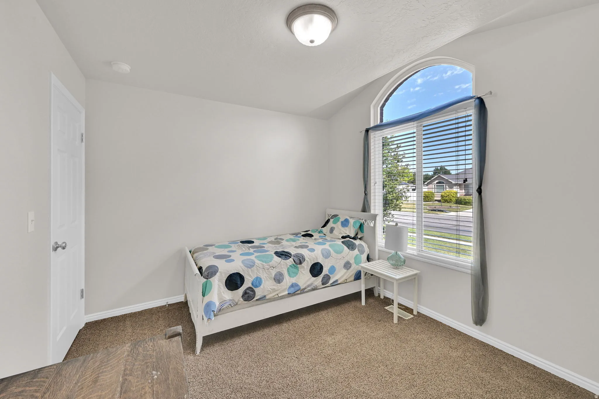 Bedroom with a large arched window featuring blinds and sheer drapery, plush carpet flooring, a white paneled door, and a flush mount ceiling light fixture