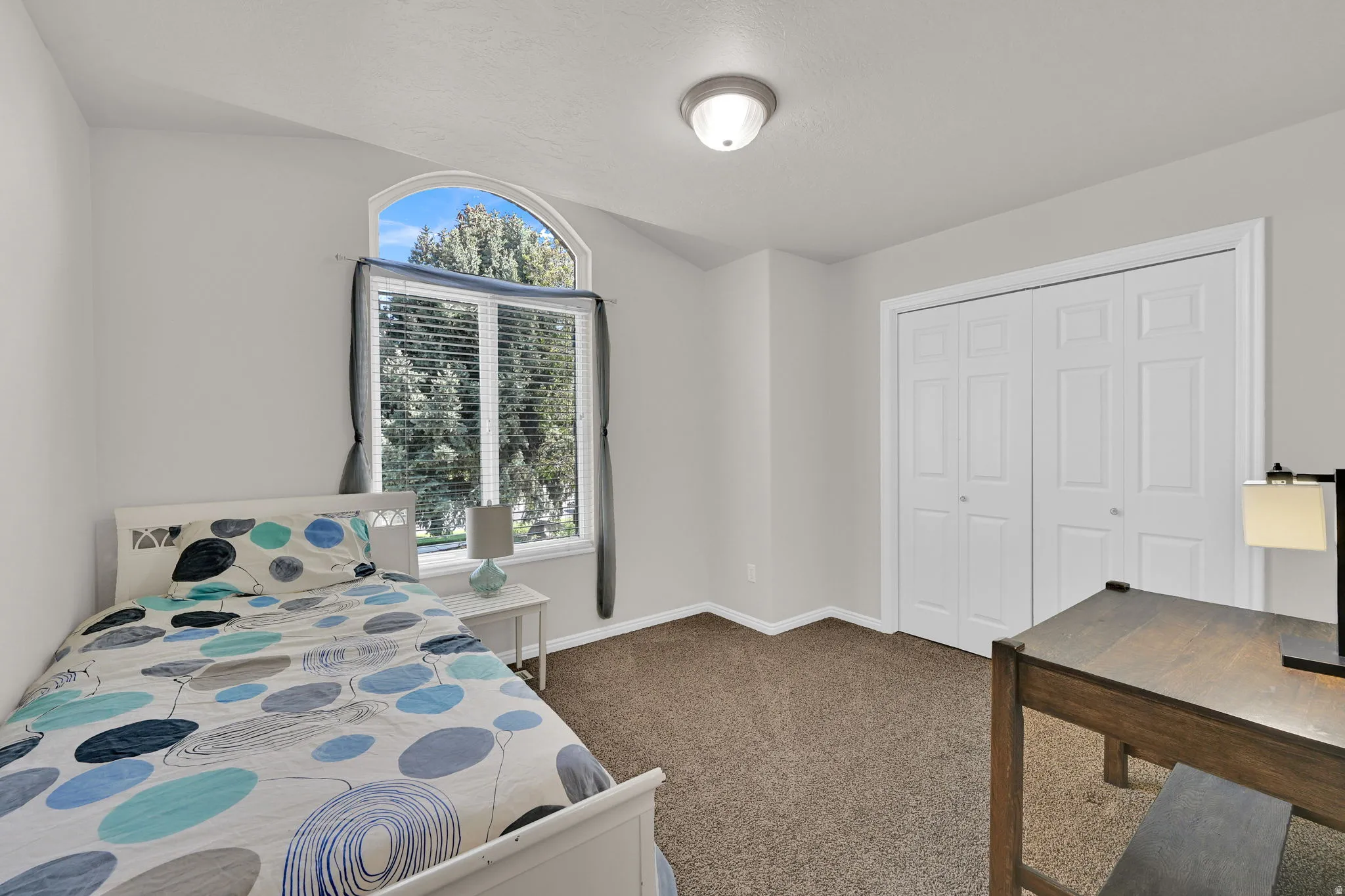 Carpeted room featuring a large arched window with horizontal blinds, providing ample natural light