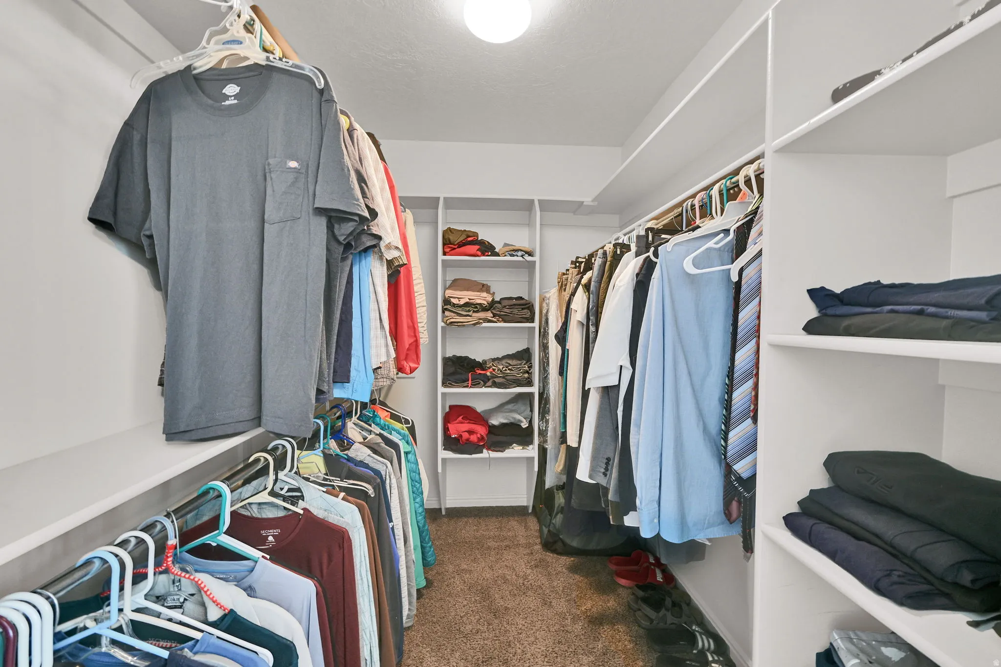Walk-in closet with carpet flooring, white shelving, and multiple hanging rods