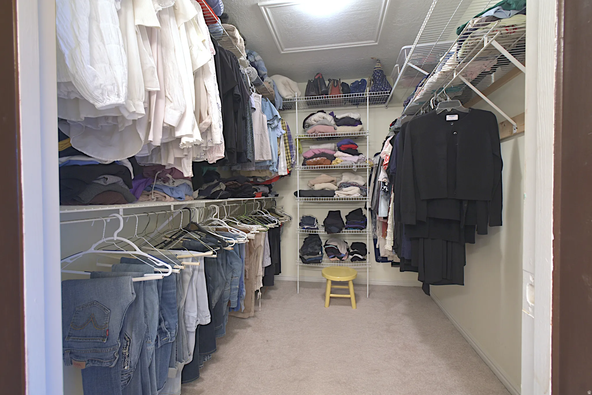 Walk-in closet featuring extensive wire shelving, multiple hanging rods, and light-toned carpeting
