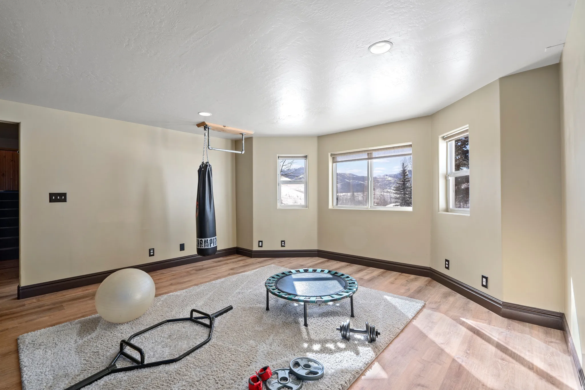 Spacious multi-purpose room featuring wood-finish flooring, recessed lighting, and multiple windows