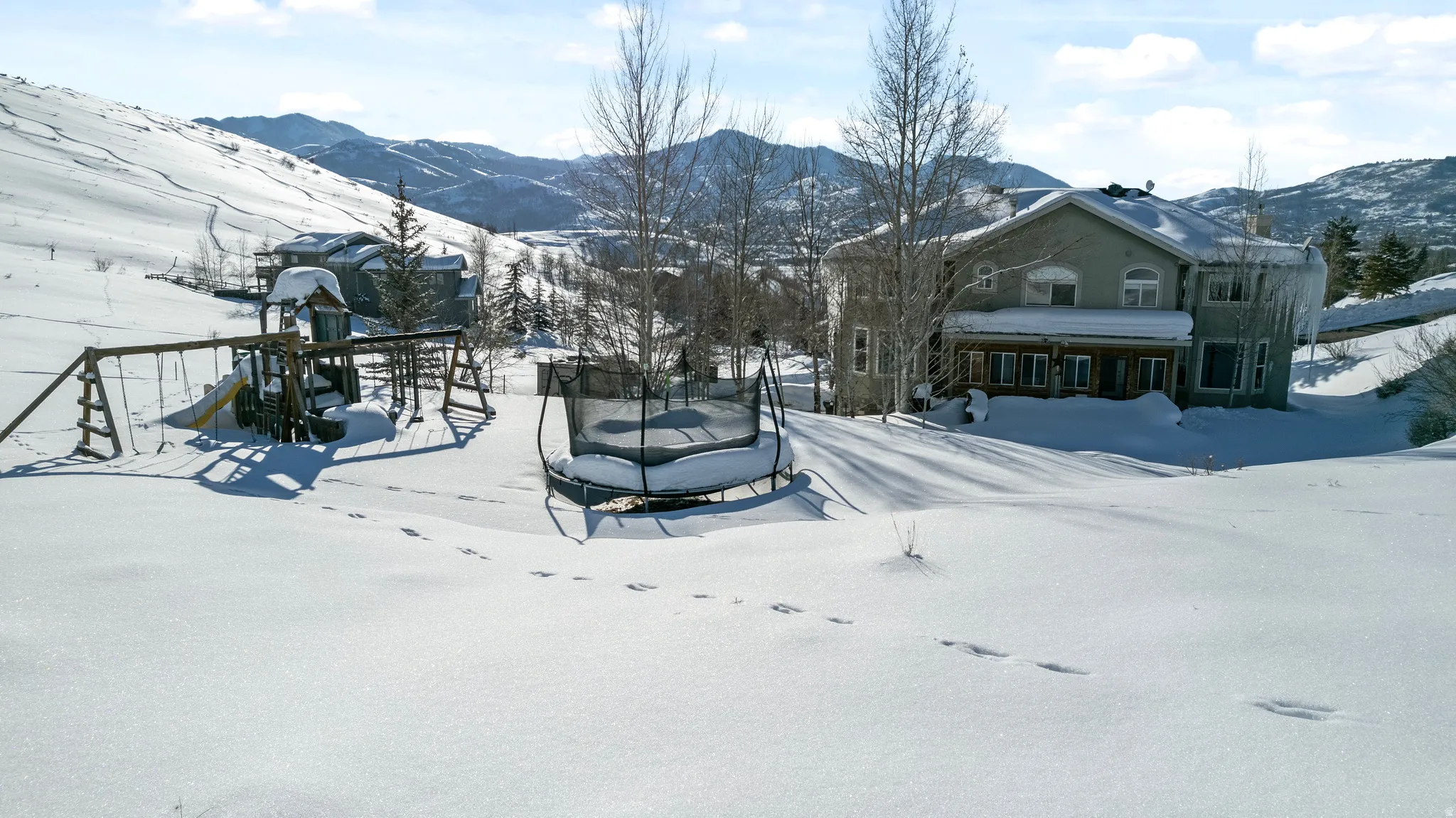 Expansive rear yard featuring snow-covered terrain and distant mountains