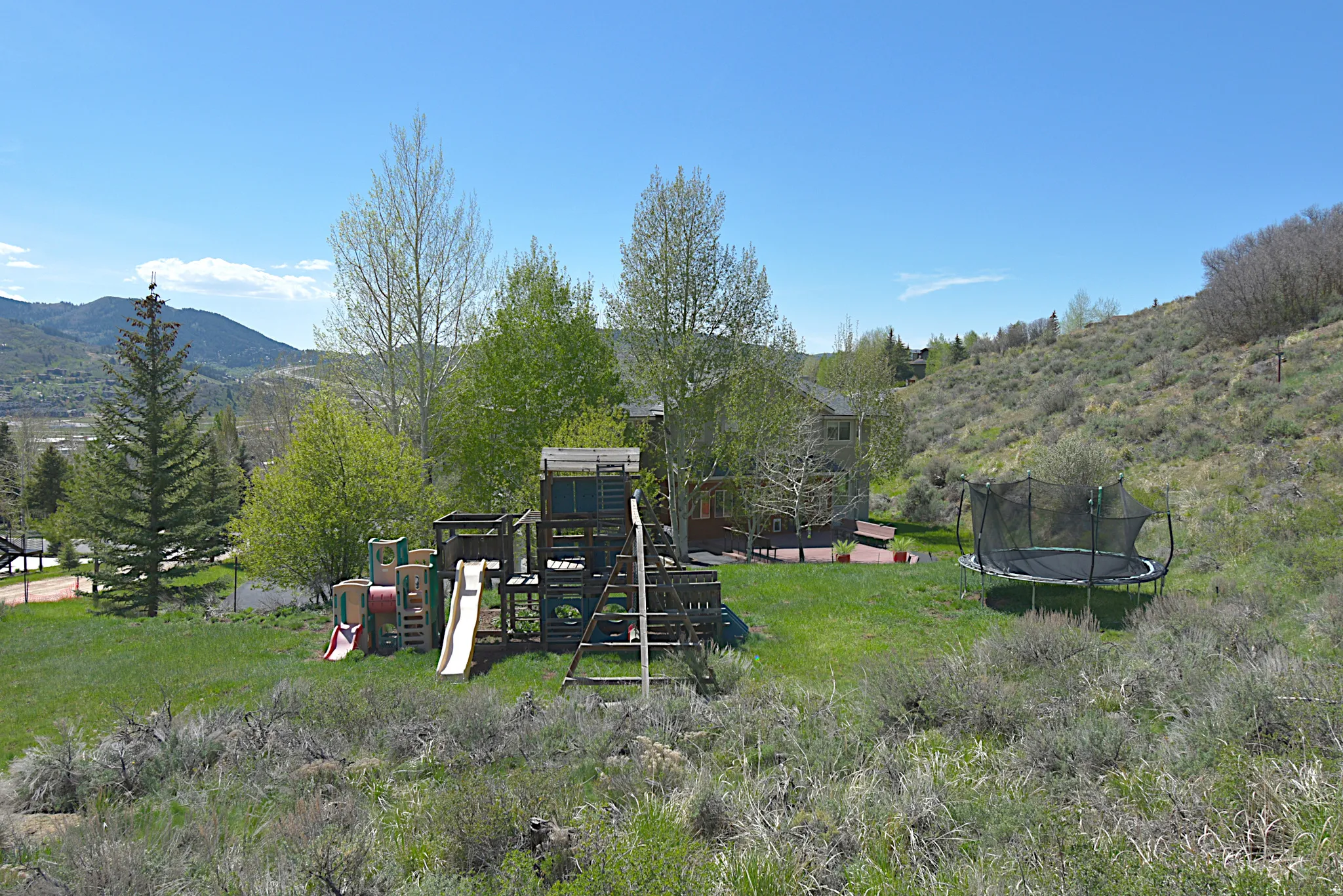 Expansive green lawn with mountain backdrop