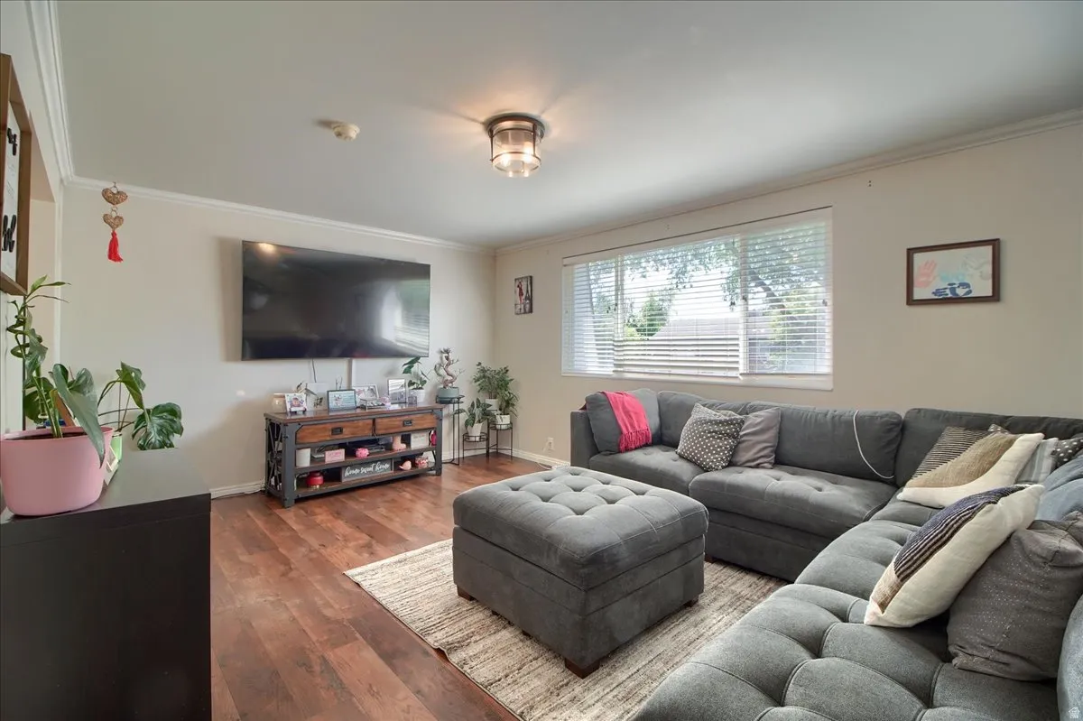 Spacious living area featuring wood-finish flooring, a large window with blinds, crown molding, and a flush-mount ceiling light fixture