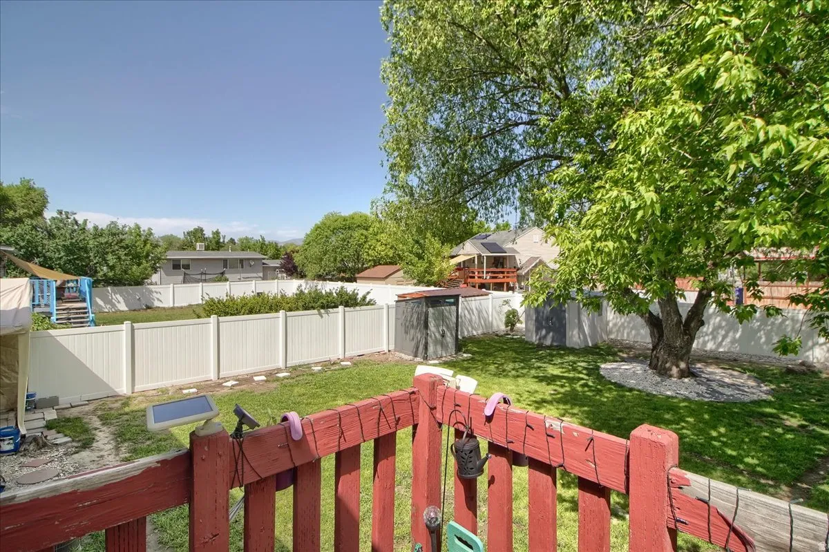Expansive backyard featuring a manicured lawn, established shade tree with a white rock border, and white vinyl privacy fencing