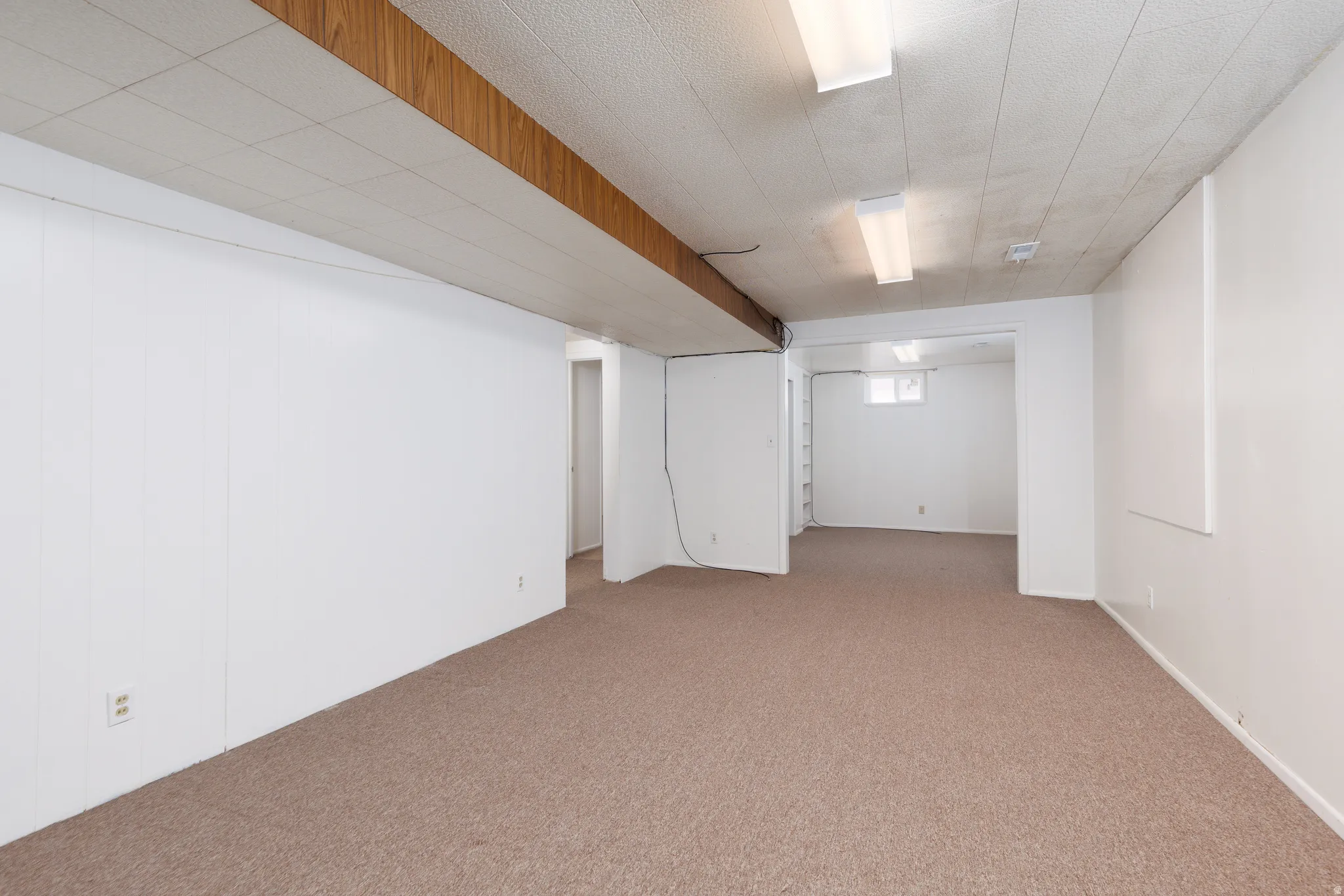 Spacious room featuring carpet flooring, white paneled walls, and a drop ceiling with fluorescent lighting