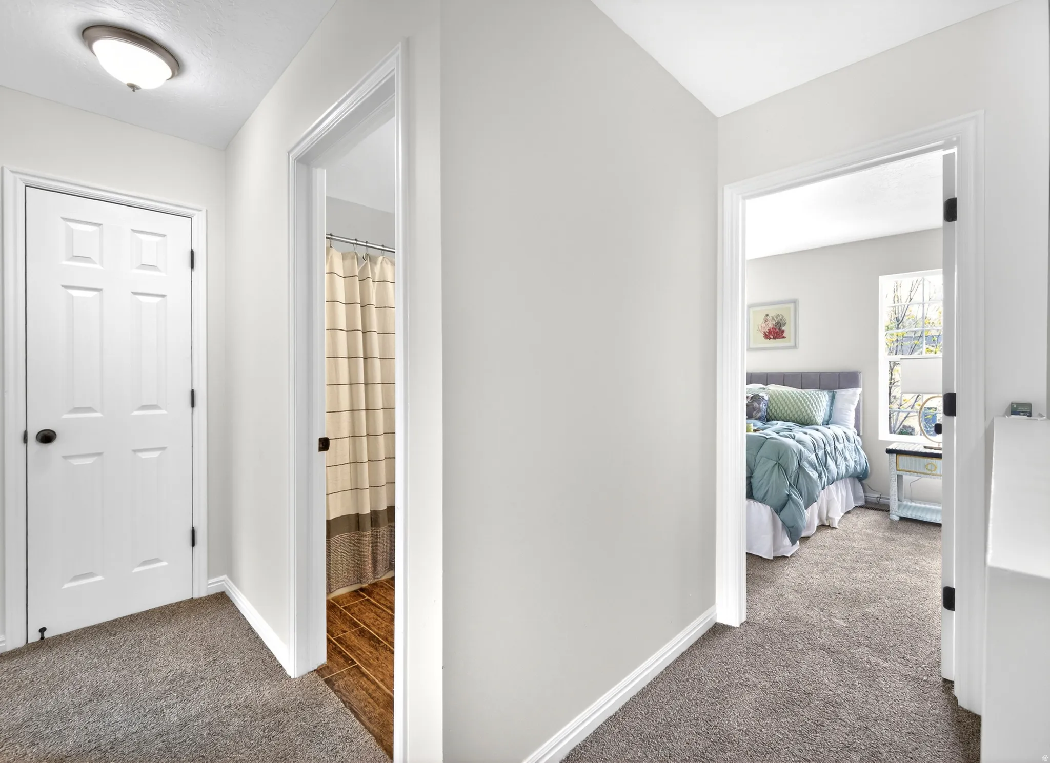 Hallway with neutral wall finishes and gray carpet flooring