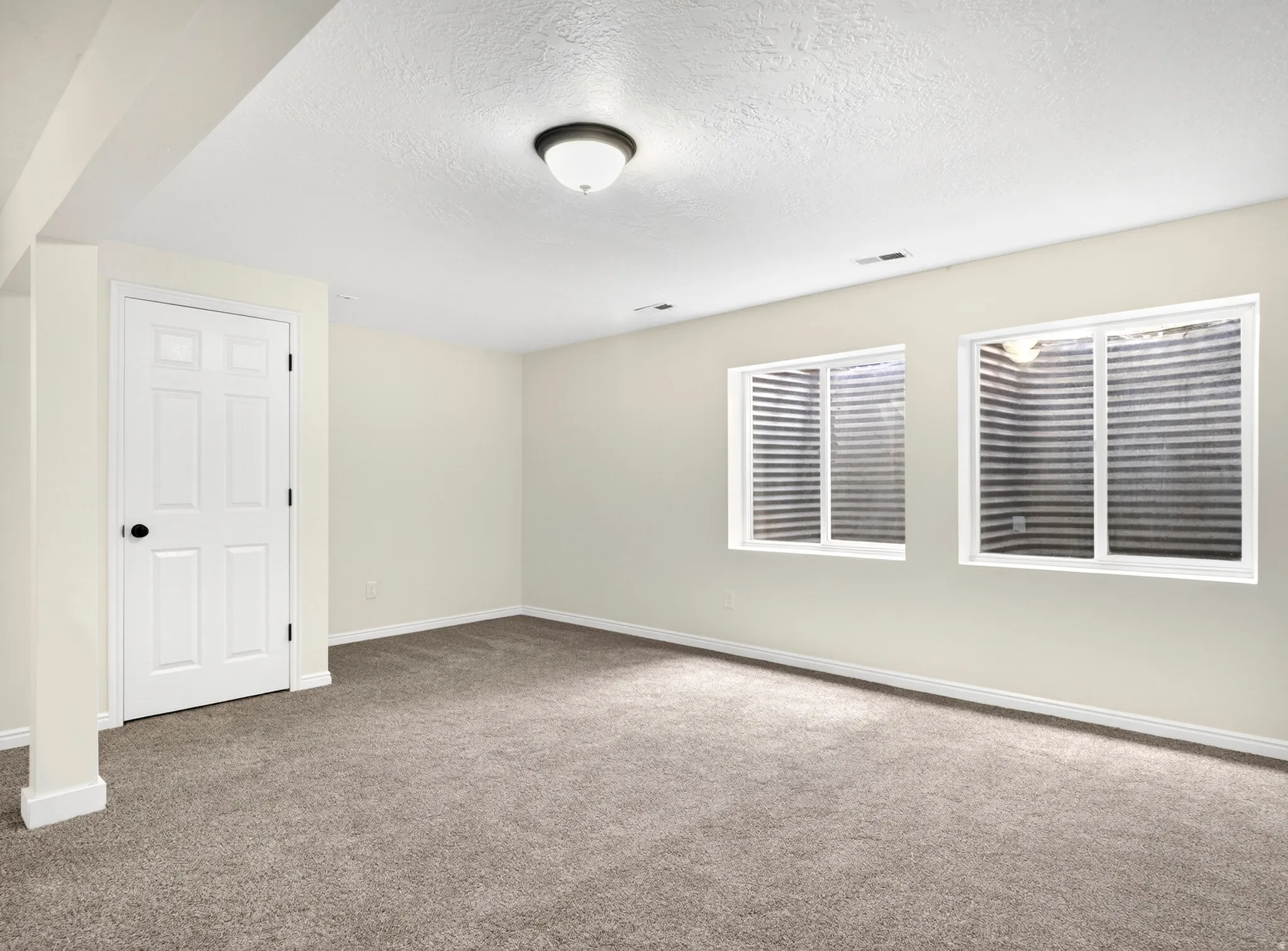 Carpeted room featuring two egress windows, a recessed ceiling light fixture, a white paneled door with black hardware, and light-colored walls