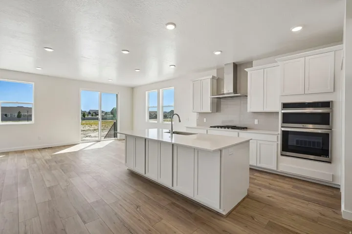 Open-concept kitchen with white cabinetry, stainless steel appliances, a large central island, and wood-finish flooring