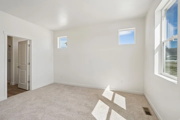 Neutral tone wall paint, light-toned carpeting, wood-finish flooring visible through doorway, and multiple windows