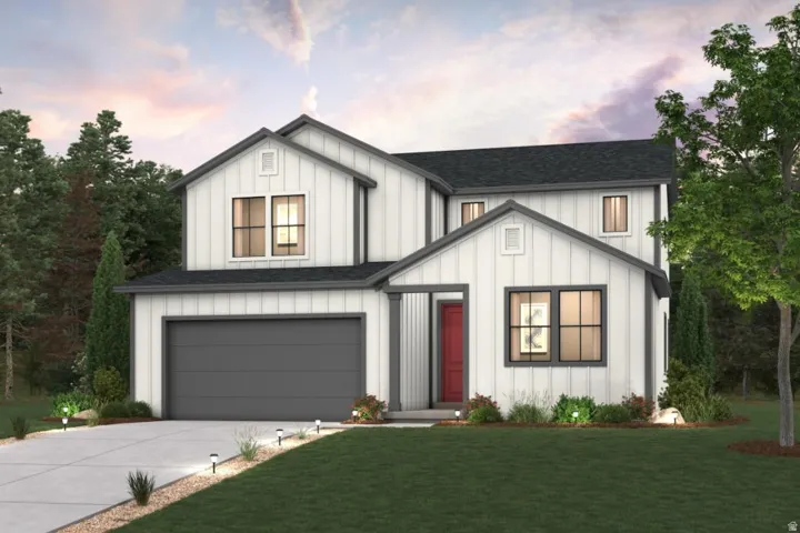 Two-story modern farmhouse exterior featuring white board and batten siding, dark gray trim, a prominent red entry door, a two-car garage, and established landscaping with pathway lighting
