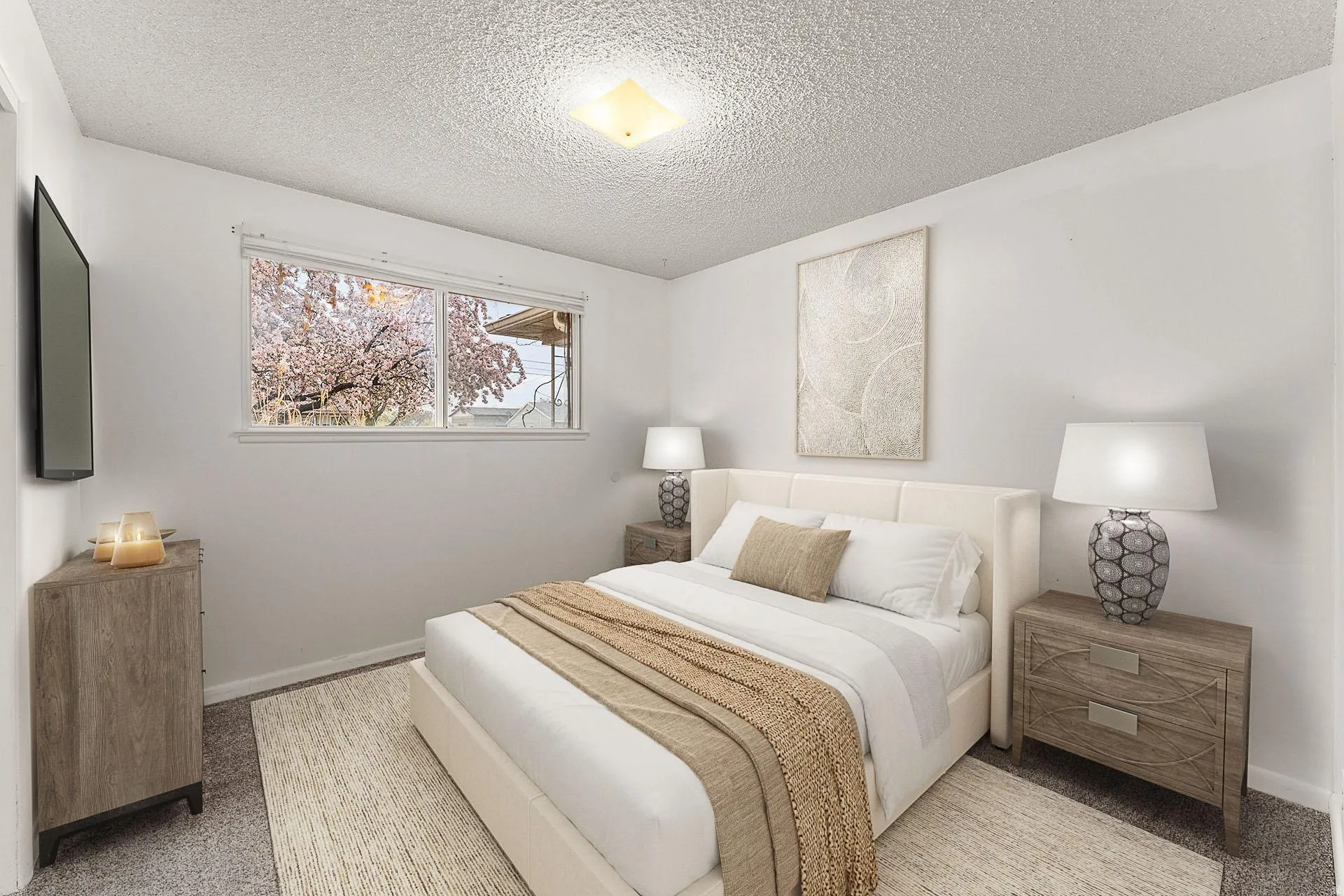 *Virtually Staged* Bedroom featuring a textured ceiling and carpet floors
