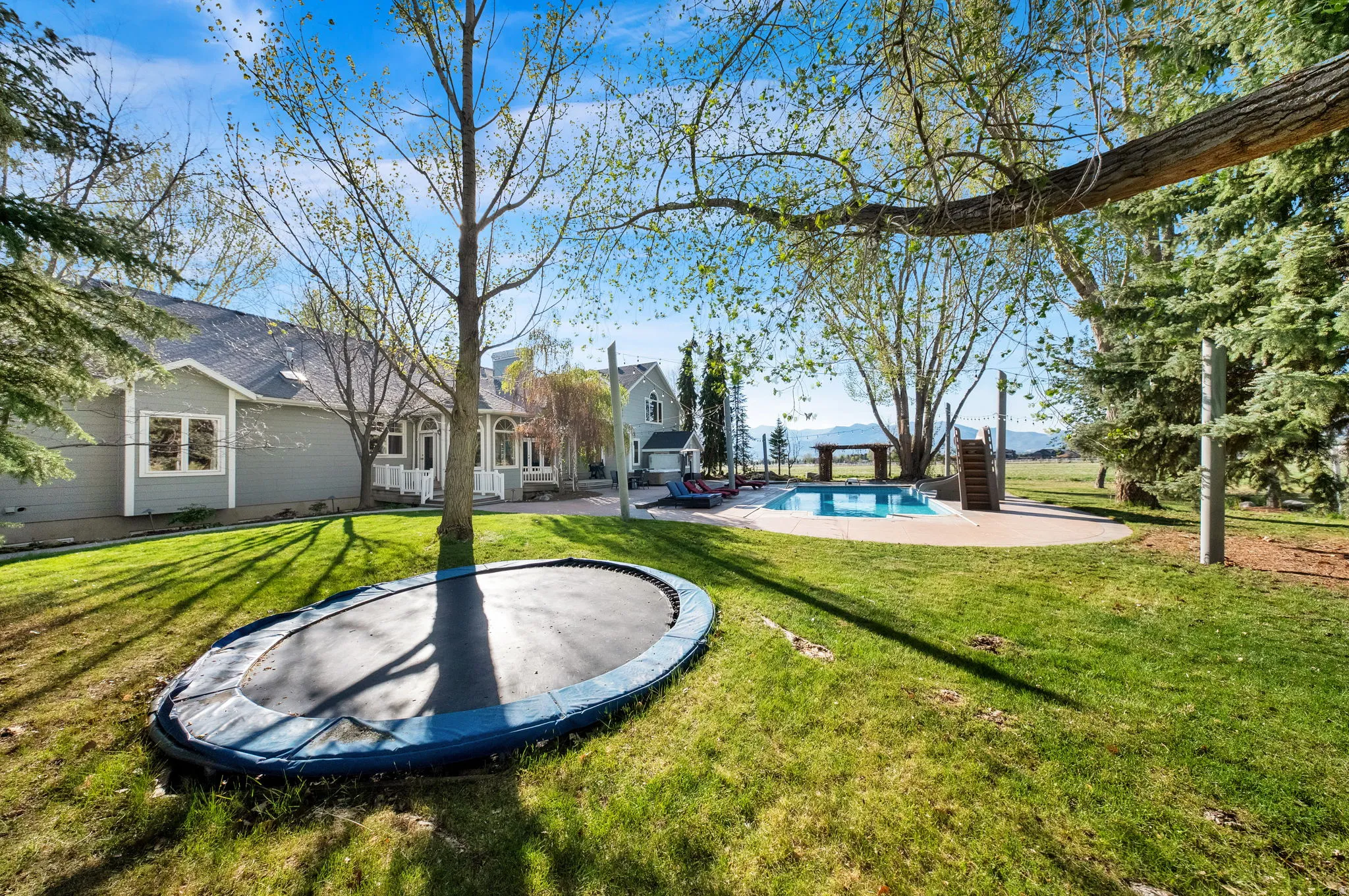 Expansive green lawn with mature trees and an in-ground swimming pool