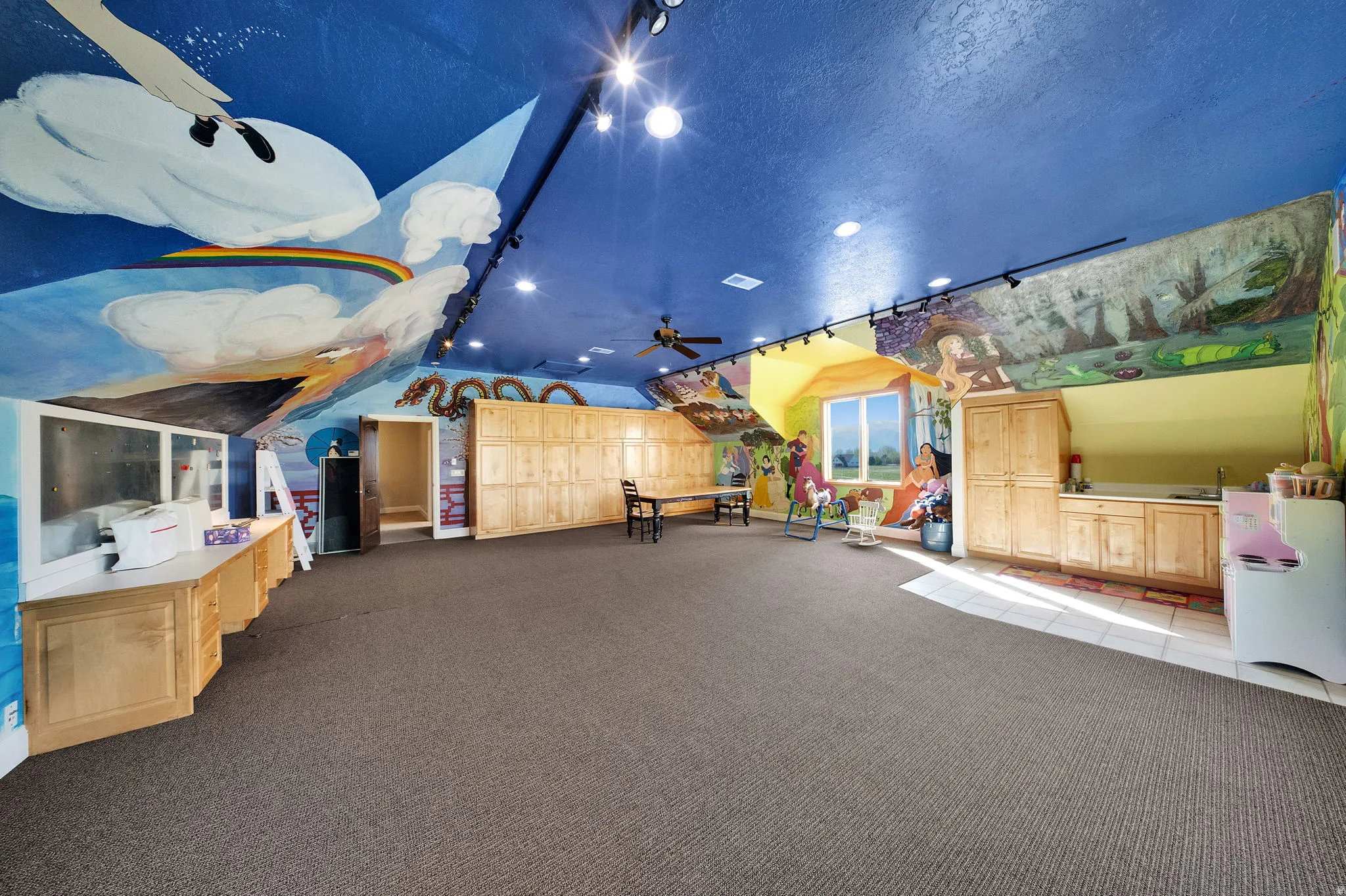 Spacious room or bedroom featuring murals, track lighting, built-in cabinetry, a window, and carpet flooring