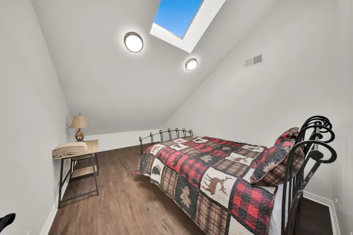 Vaulted ceiling with skylight and two flush-mount light fixtures, complemented by wood-finish flooring