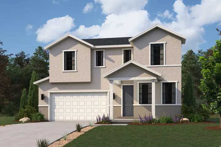 Two-story stucco exterior featuring a covered entry, two-car garage with panel detailing, and a dark asphalt shingle roof