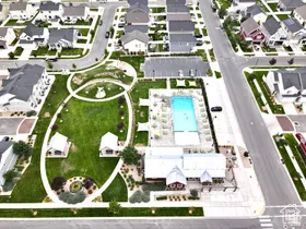 Community amenities featuring a central green space, walking paths, a swimming pool, and a clubhouse