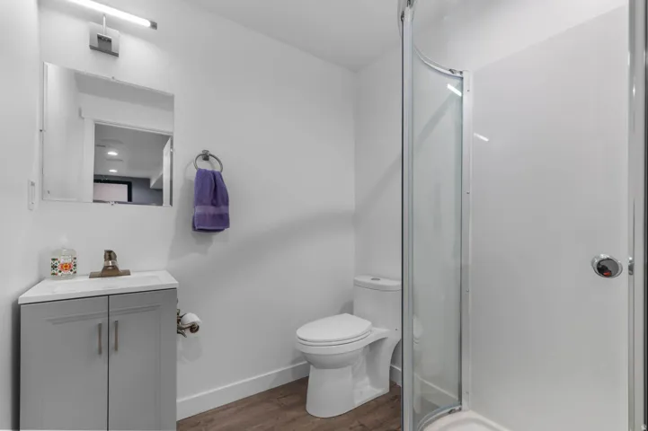 Bathroom featuring a corner vanity with a light gray cabinet and white countertop, a contemporary toilet, and a glass-enclosed shower stall