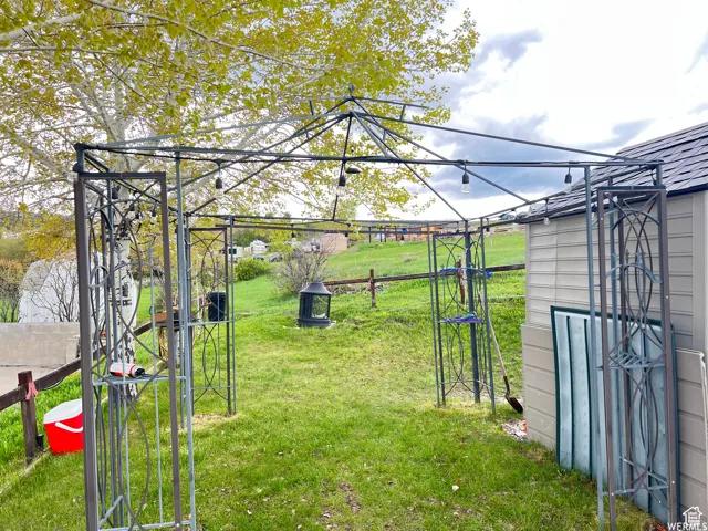 Expansive backyard with a metal gazebo structure featuring integrated string lighting, a storage shed with a shingle roof, and a mature tree providing natural shade