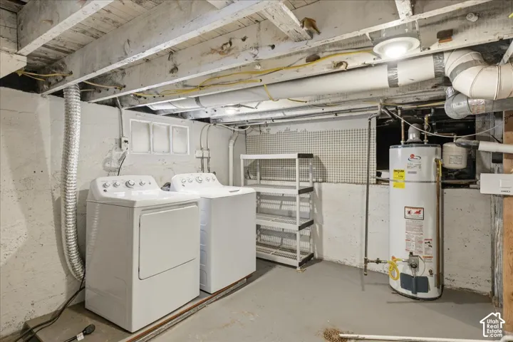 Utility area with a concrete floor, exposed ceiling joists, and a hot water heater