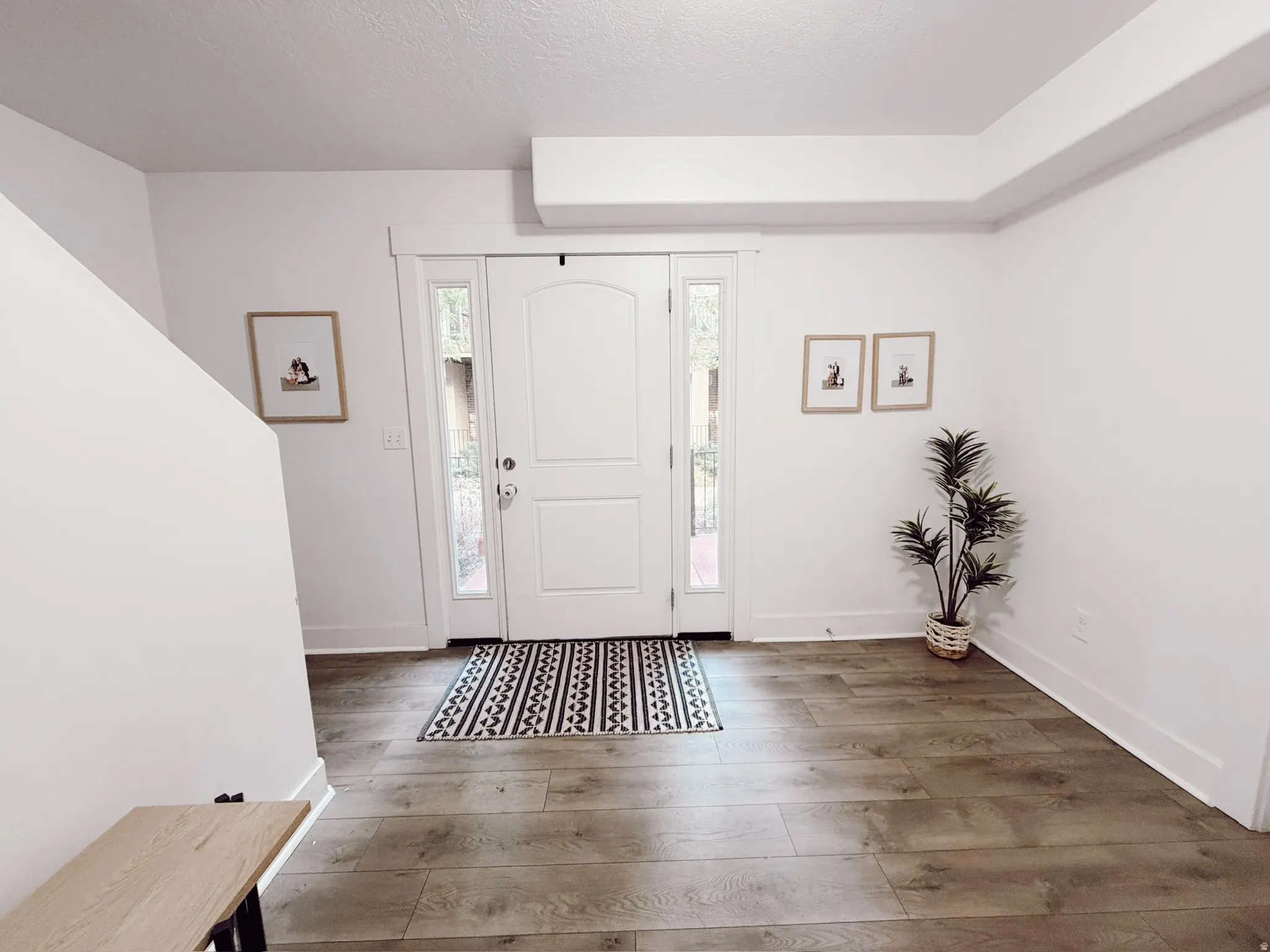 Entryway featuring a white paneled door with sidelights, wood-finish flooring, white baseboards, and a neutral wall palette