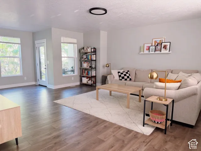 Wood-finish flooring throughout, light-toned wall paint, large windows, and a built-in shelving unit