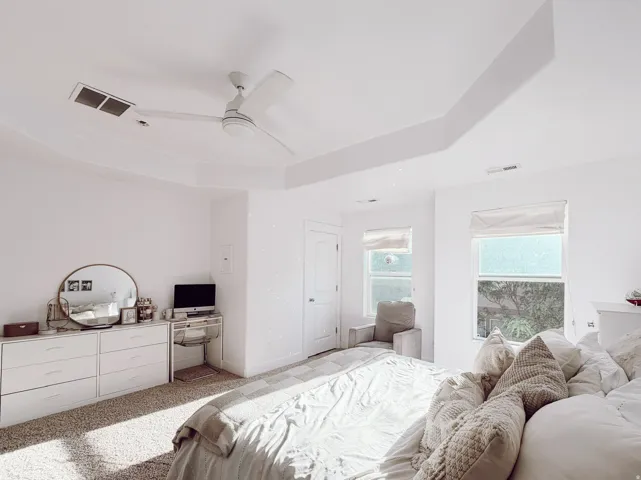 Spacious master bedroom featuring a tray ceiling with a modern ceiling fan, and two large windows with roller shades