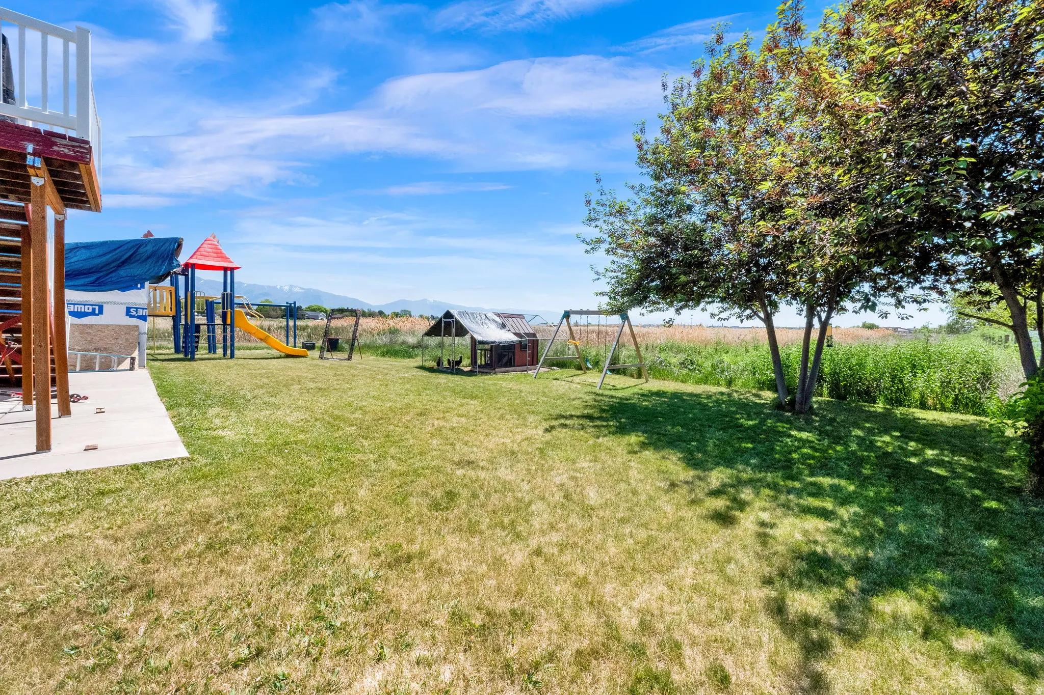 Spacious backyard featuring an expansive lawn area and mature trees