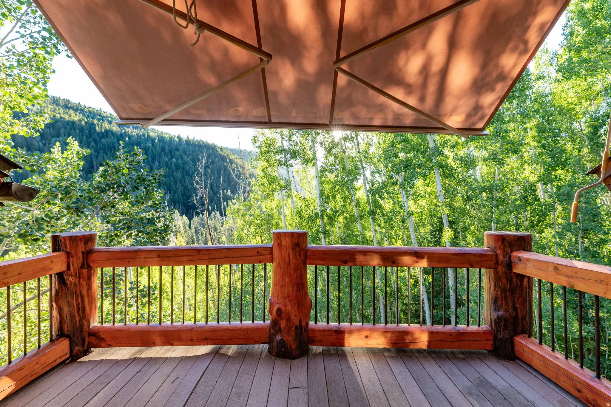 Expansive outdoor deck featuring wood flooring and a rustic log railing system