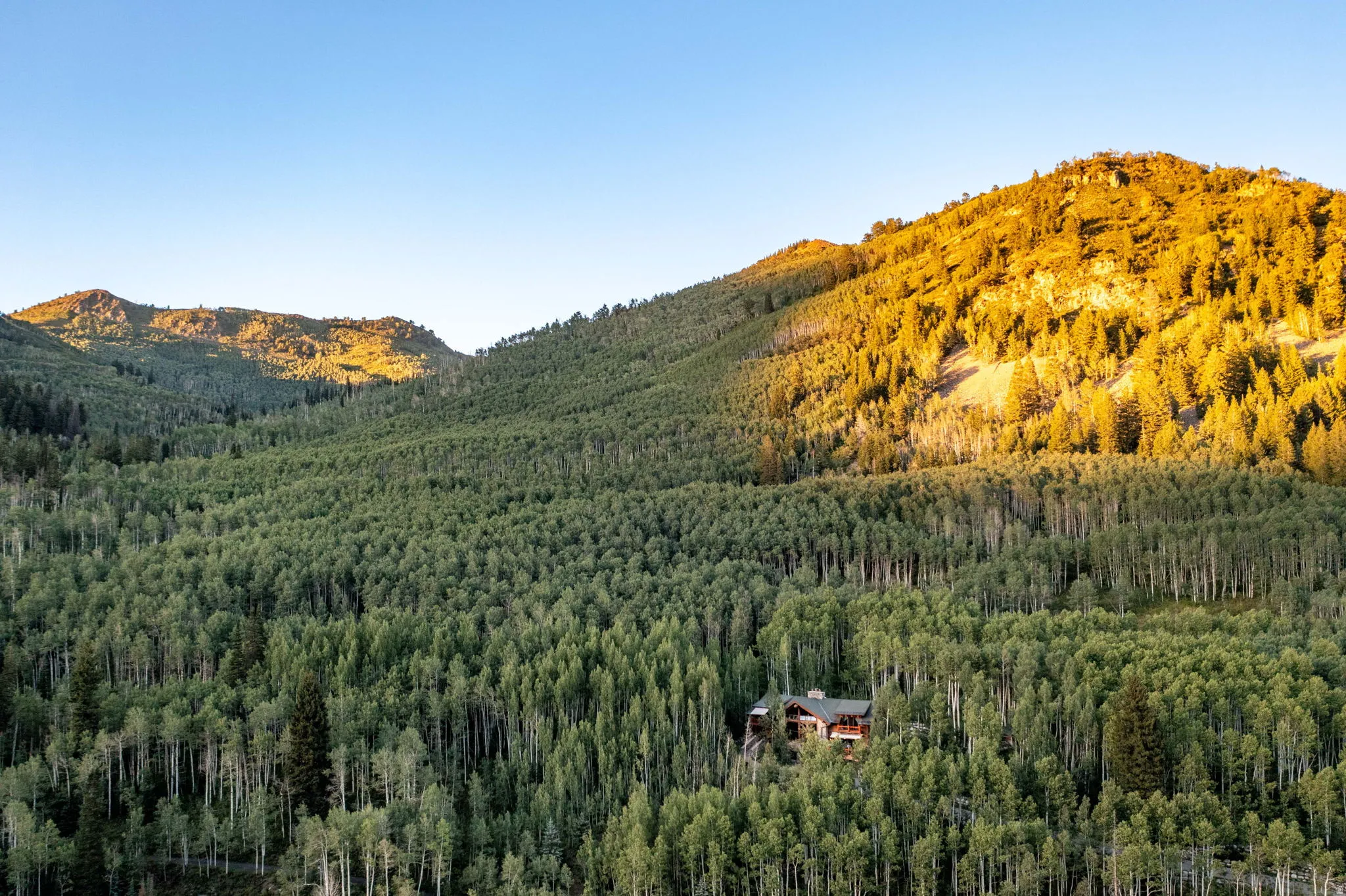Secluded mountain residence nestled among dense forests of deciduous trees