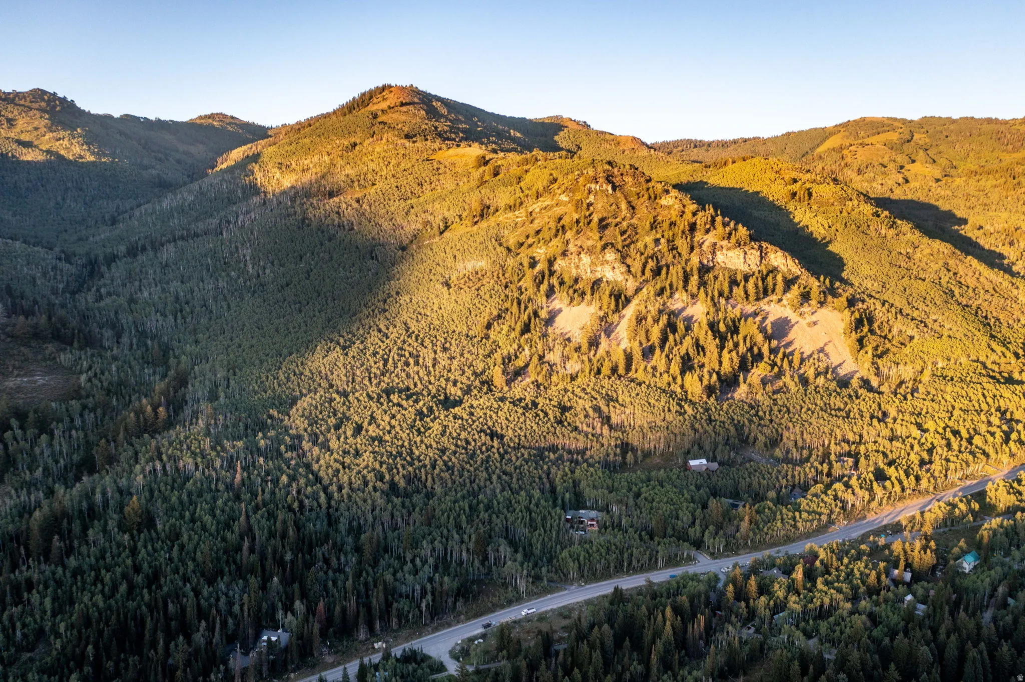 Expansive mountain landscape featuring dense evergreen forests and a winding paved road