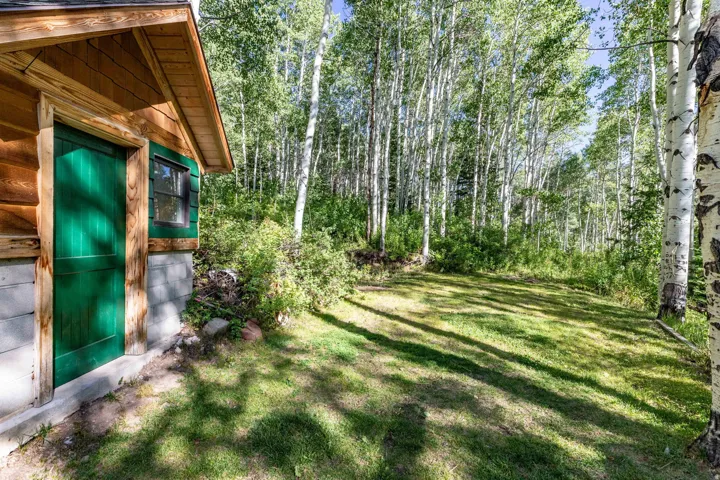 Log cabin construction featuring a green door and a small window