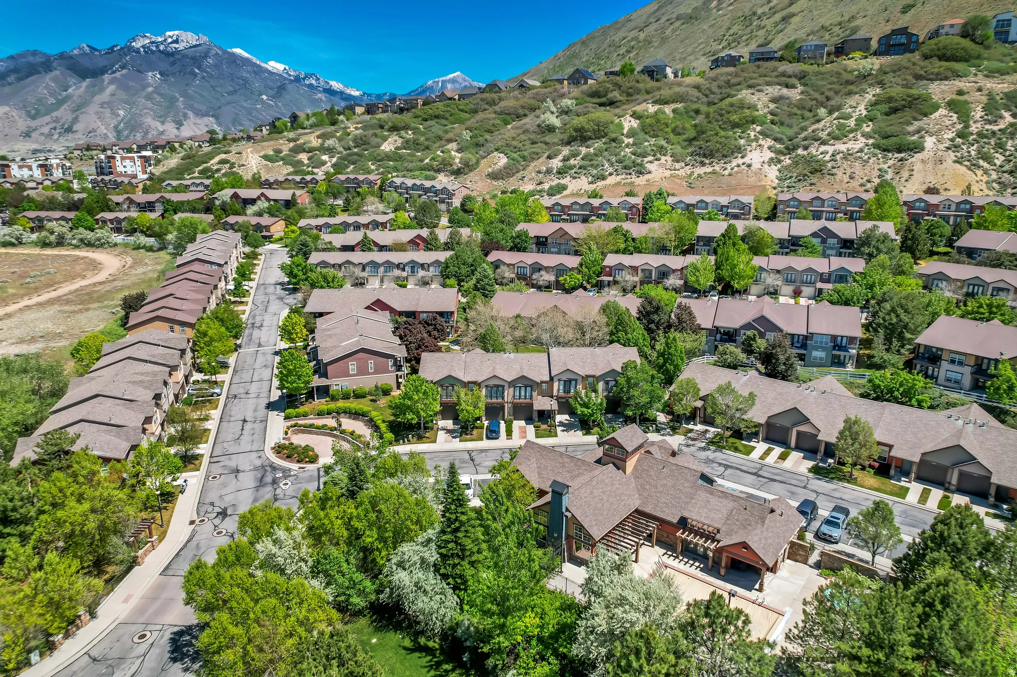 Community setting featuring multi-level townhomes with pitched roofs and attached garages