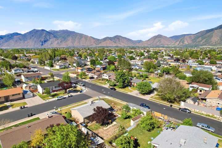 Residential area with mature trees and paved streets, framed by distant mountains