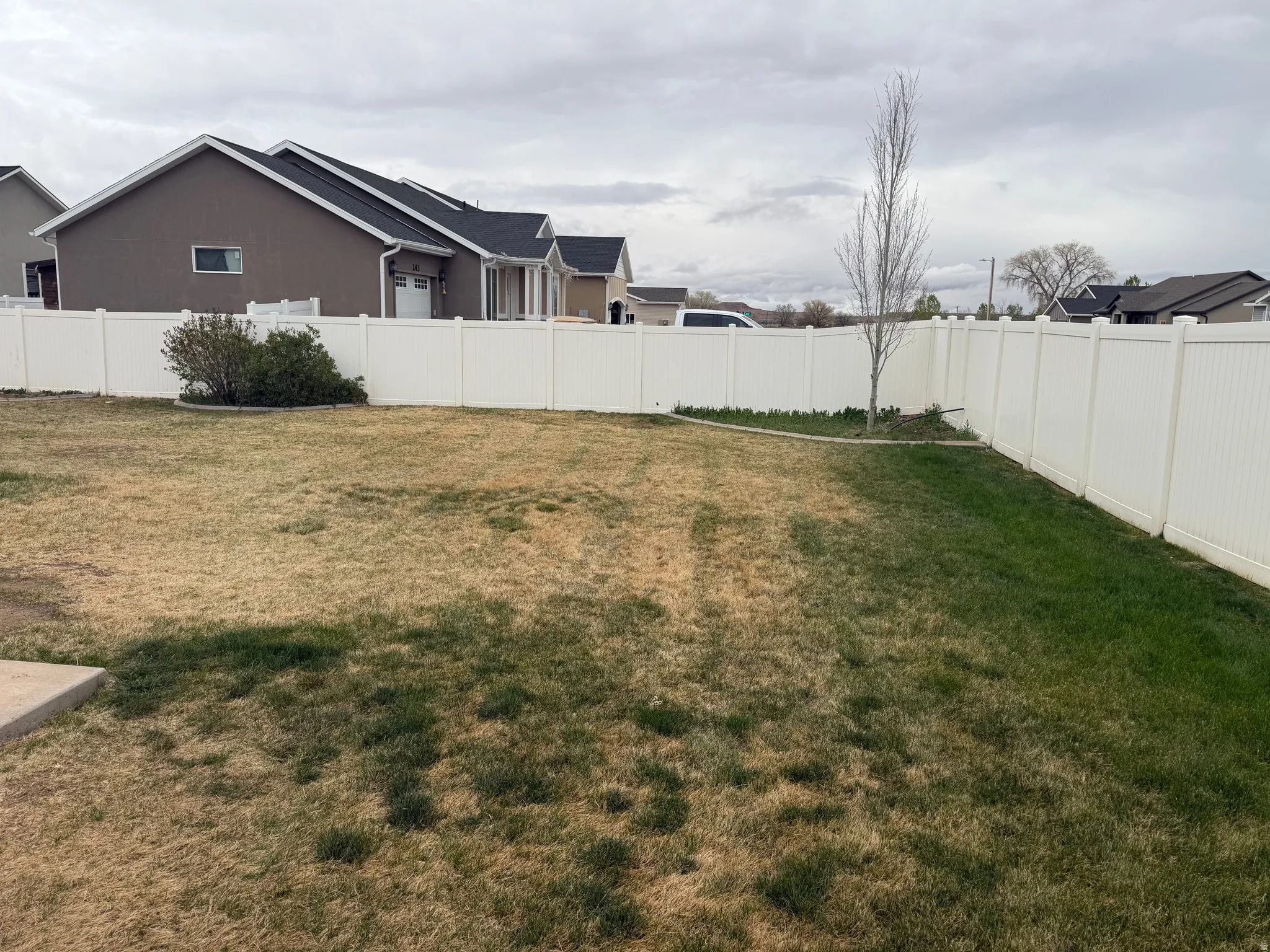 Spacious backyard featuring a white vinyl privacy fence, a small tree, and a planter with established shrubbery