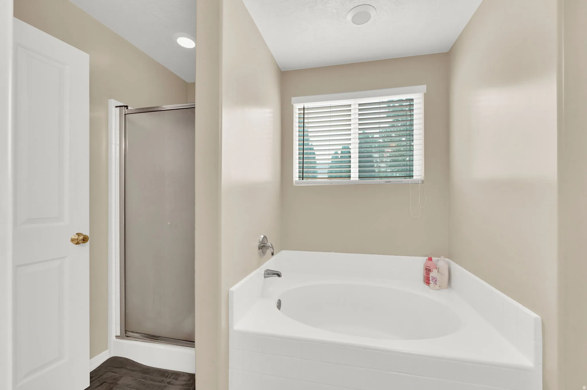 Corner soaking tub with window light, complemented by a separate shower enclosure