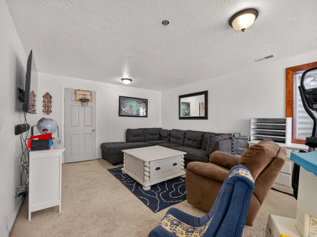 Basement family room featuring white walls, a white paneled door, and two flush-mount ceiling lights