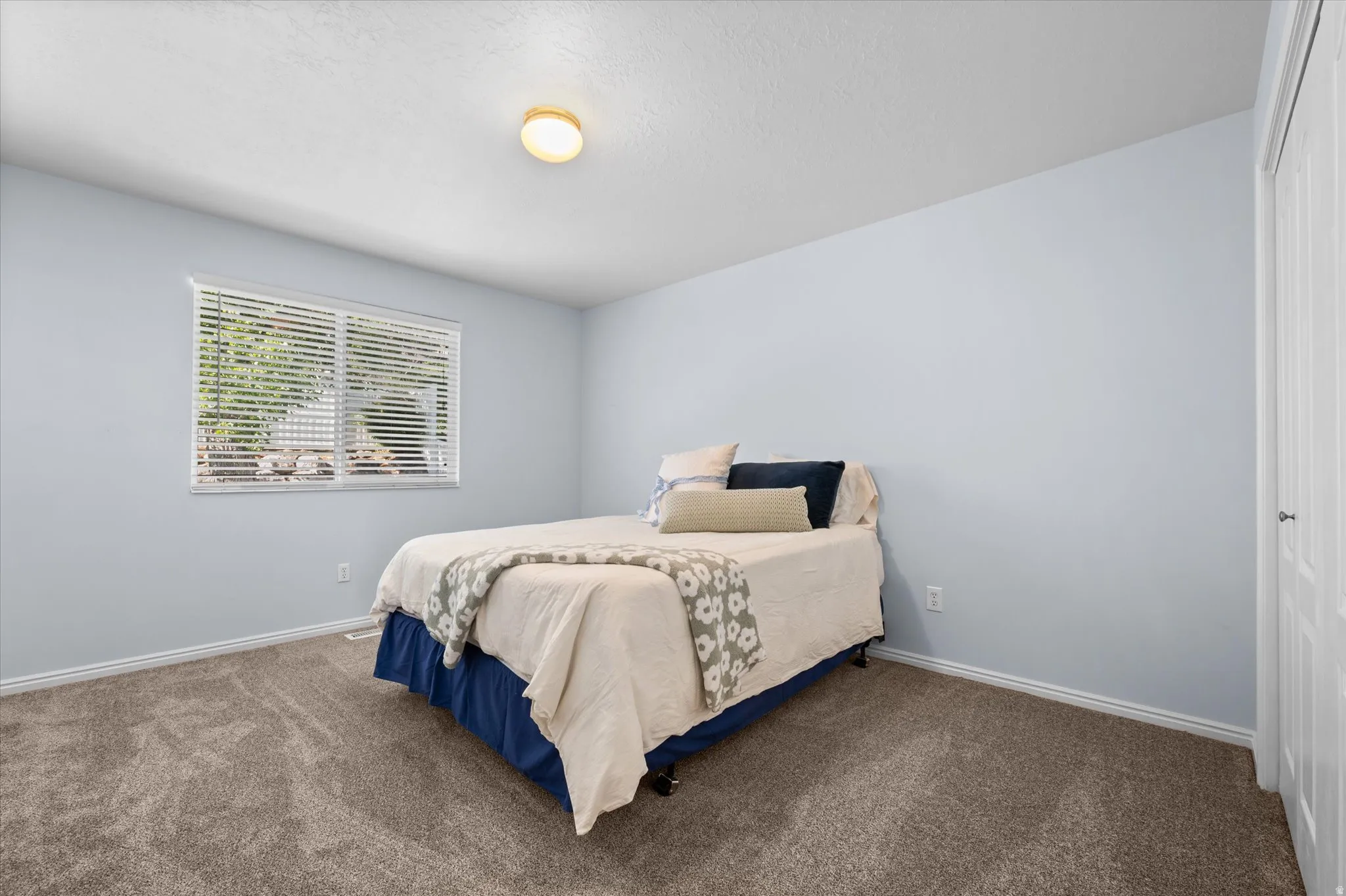 Bedroom featuring light blue walls, gray carpet, a white ceiling, and a single window with horizontal blinds