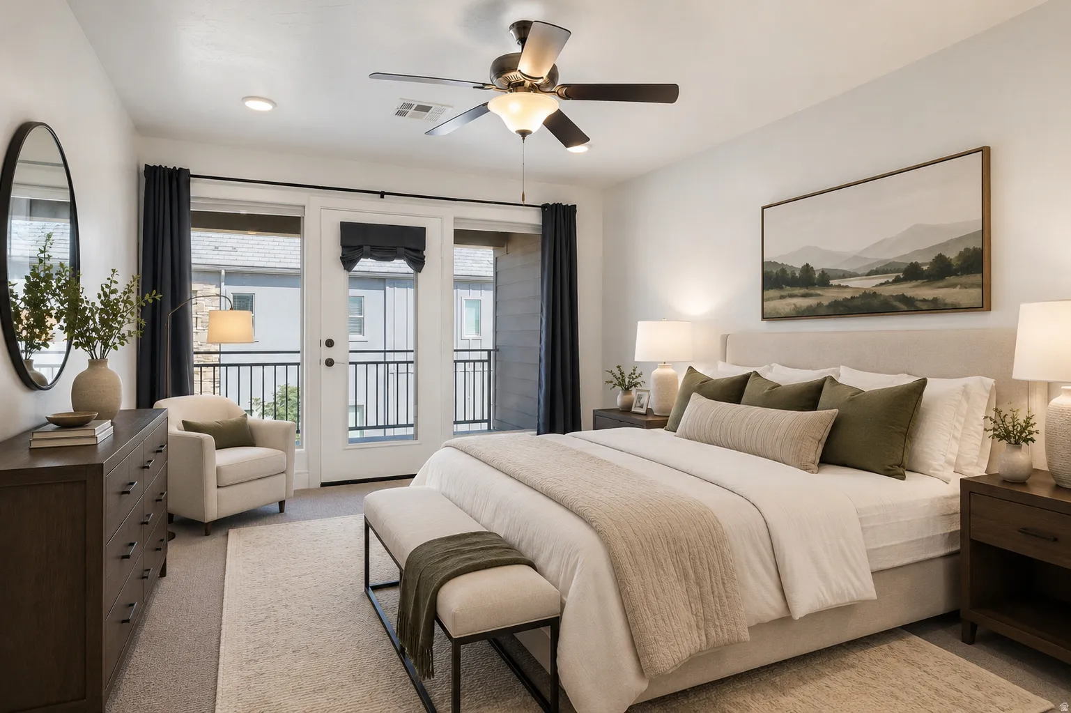Recessed lighting, ceiling fan with integrated lighting, glass panel door to a balcony, light-toned wall color, and plush carpeting